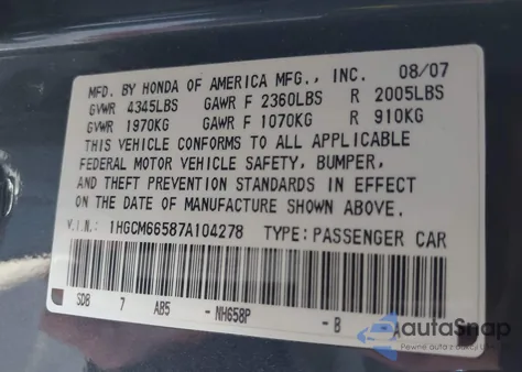 2007 Honda Accord 3.0 Ex из США, поврежденный, VIN 1HGCM66587A104278